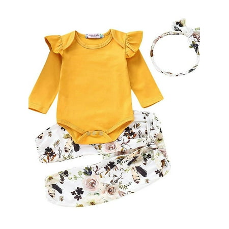 

elfinBE Newborn Baby Infant Girl Solid Color Flying Sleeve Romper Floral Print Pants And Headband Two-piece Suit 0-18M