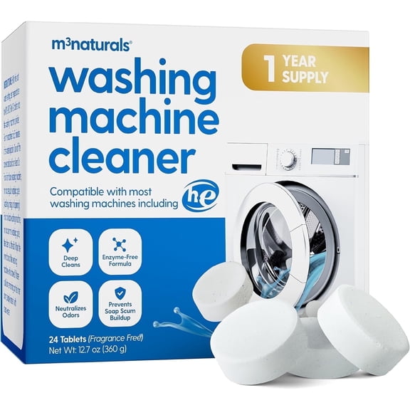 M3 Naturals Washing Machine Cleaner Tablets for HE Top and Front Load, Fragrance Free, 24 Count