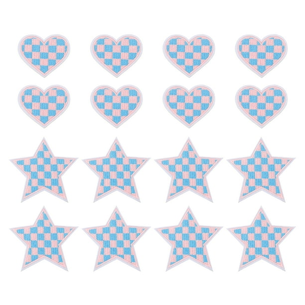 Uxcell 18 Pcs Parche Bordado de Corazón Estrella a Planchar Apliques Parche para Chaqueta Colección de Denim Ropa Vestido Sombreros Jeans Accesorio DIY, Azul Claro/Rosa Claro