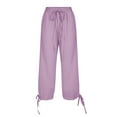 thumbnail image 2 of Dndif Clearance Womens Linen Pants Women Fashion Solid Color Cotton Elastic Long Pants Beach Leisure Trousers Linen Womens Capris for Summer Clearance Purple S, 2 of 5