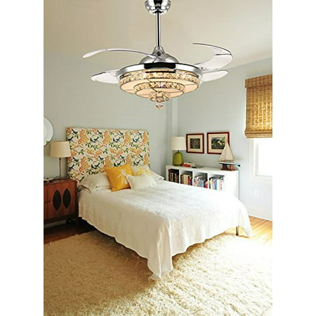 Siljoy 42 Chrome Retractable Ceiling Fans With Lights And Remote Invisible Crystal Chandelier Fan Dimmable