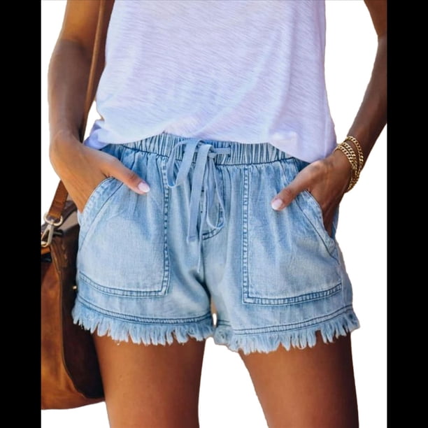 Pantalones Cortos Vaqueros Elásticos para Mujer, con Cintura Elástica y Cordón Ajustable, Cómodos, Color Azul , Talla S