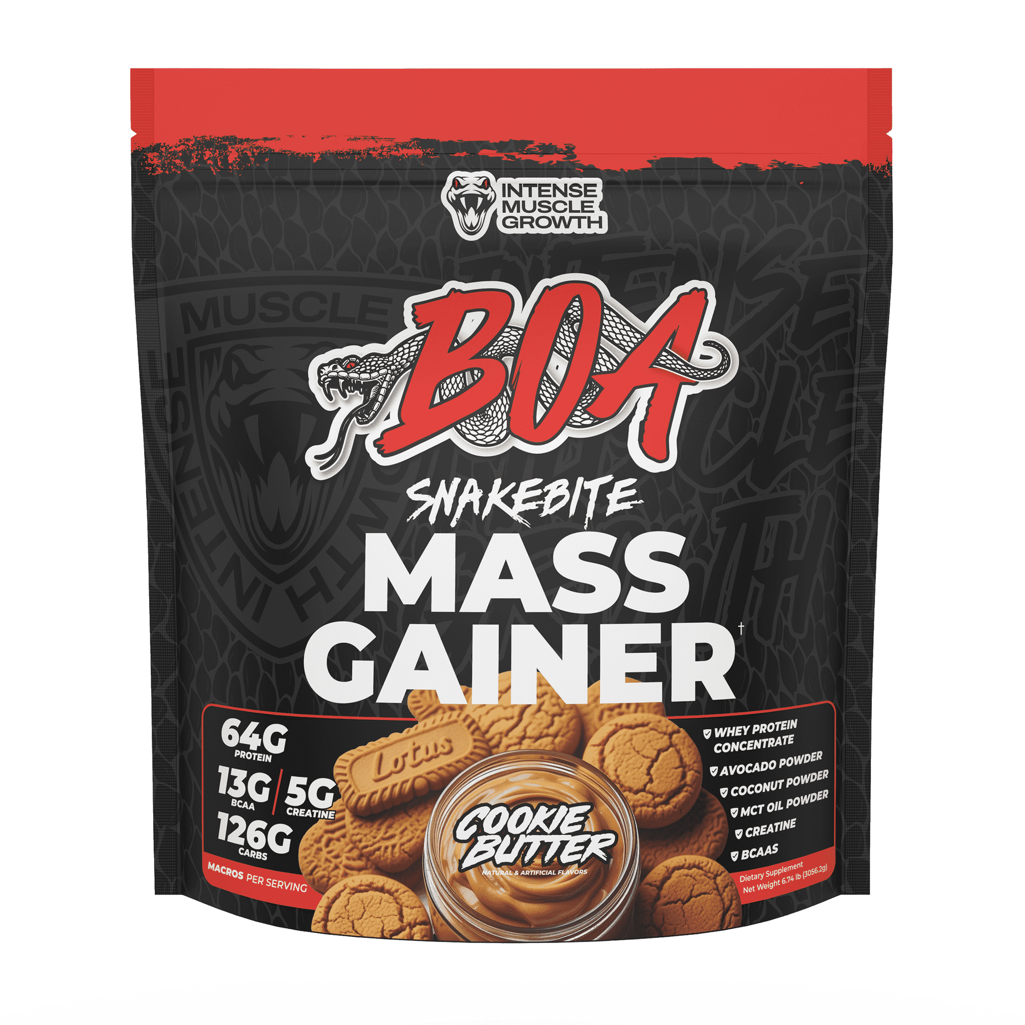 BOA Snakebite Mass Gainer Powder – 64g Protein, 126g Carbs & 5g Creatine Per Serving – High Calorie Weight Gainer for Muscle Growth & Recovery – Cookie Butter