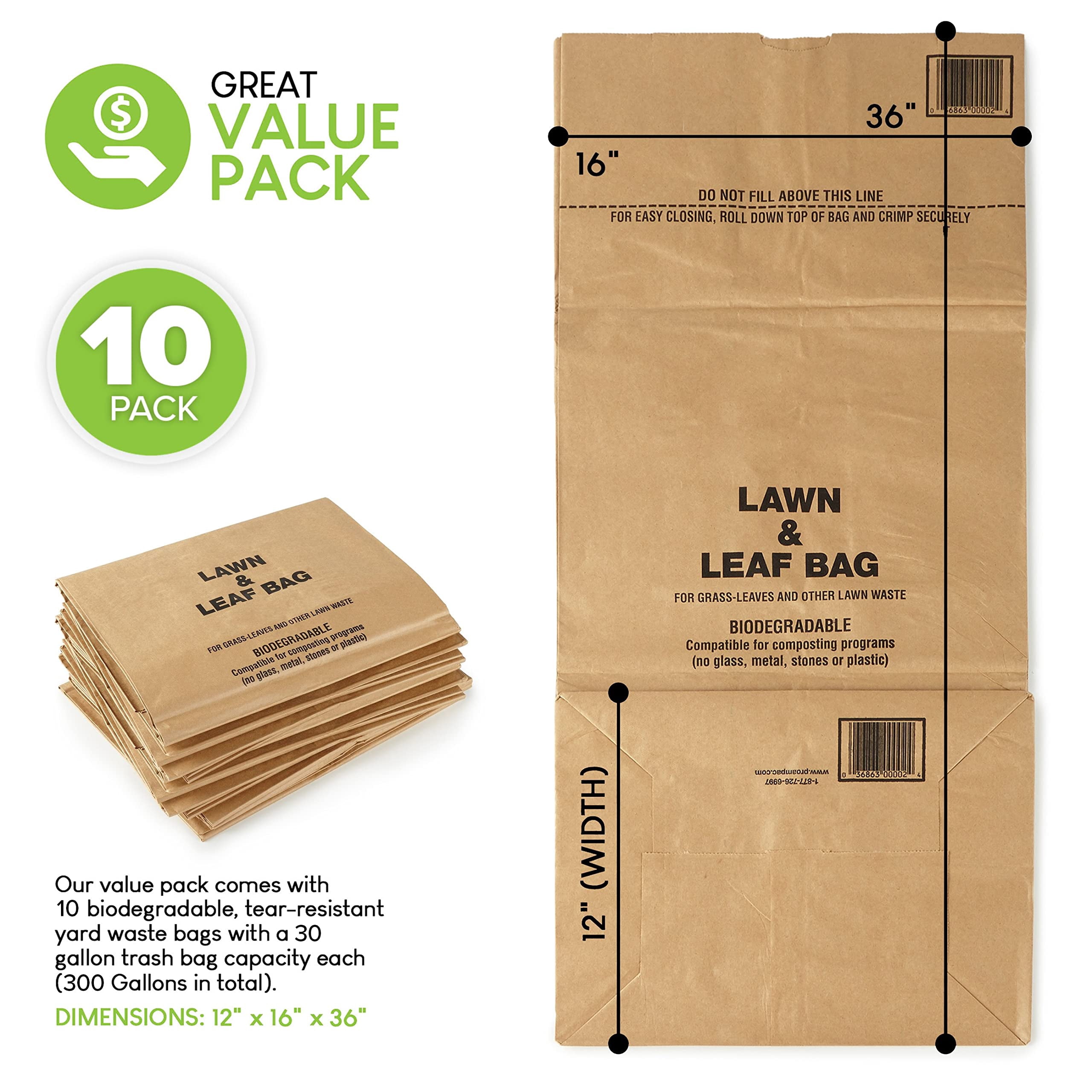 30 Gallon Kraft Lawn and Leaf Bags (10 Pack) Eco-Friendly Heavy Duty Large Paper Trash Bags, Tear Resistant Yard Waste Bags for Grass Clippings, Wet and Dry Leaves, Weeds, Twigs