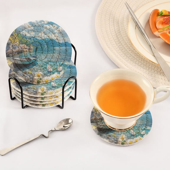 BZSMCE 6Pcs Drink Coasters With Holder 3.94Inch Boat Swans Daisies and Mountains Creative Coil Coaster Coasters Colors Absorbent Coasters for Drinks Coasters Set Thicken Heat for Home Table