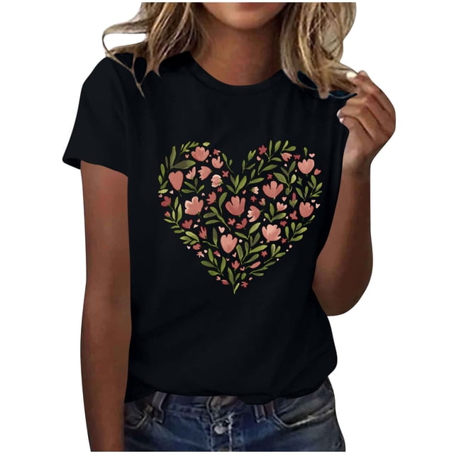Primavera Top Mujeres de Moda de Cuello Redondo con Patrones de Corazón de Manga Corta Camiseta Top para Uso Diario Y de Fiesta