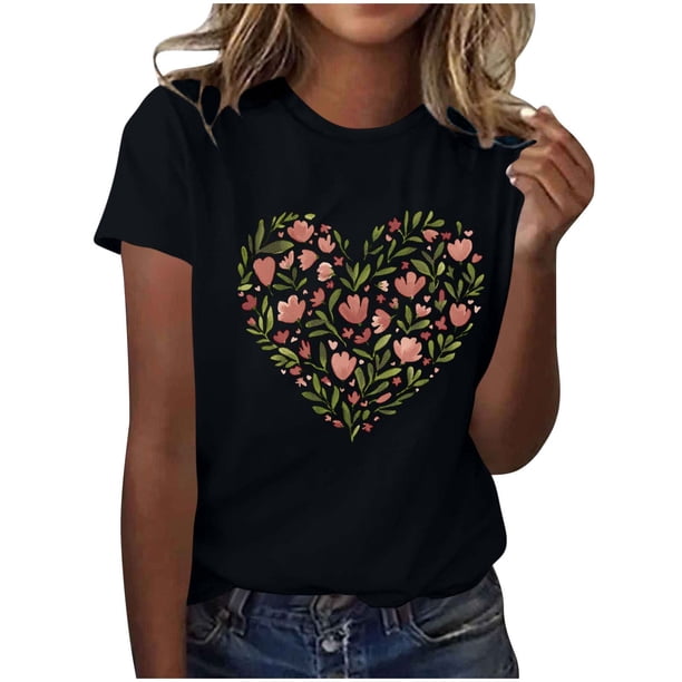 Primavera Top Mujeres de Moda de Cuello Redondo con Patrones de Corazón de Manga Corta Camiseta Top para Uso Diario Y de Fiesta