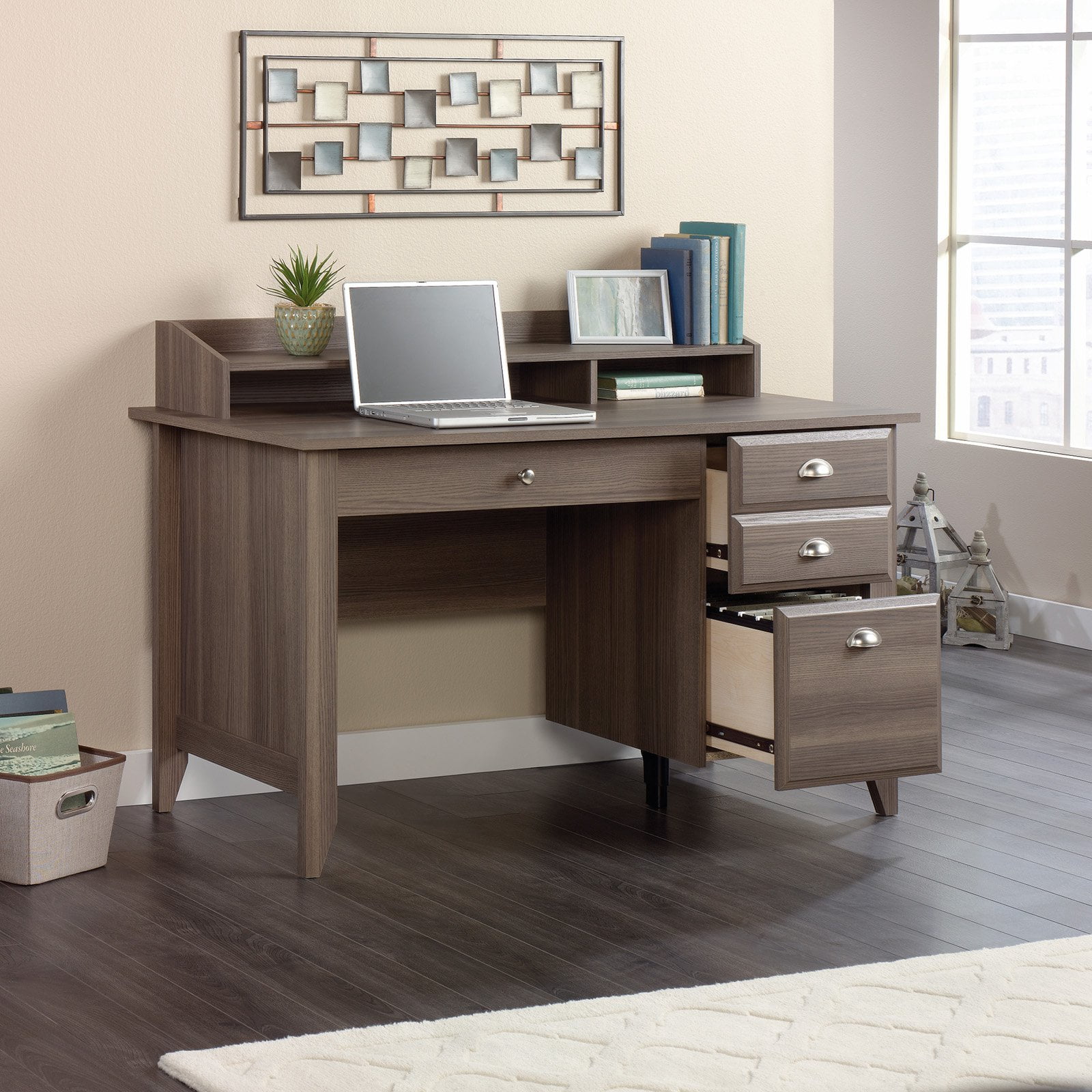 Sauder Shoal Creek Desk with Storage Drawers and Hutch, Diamond Ash Finish