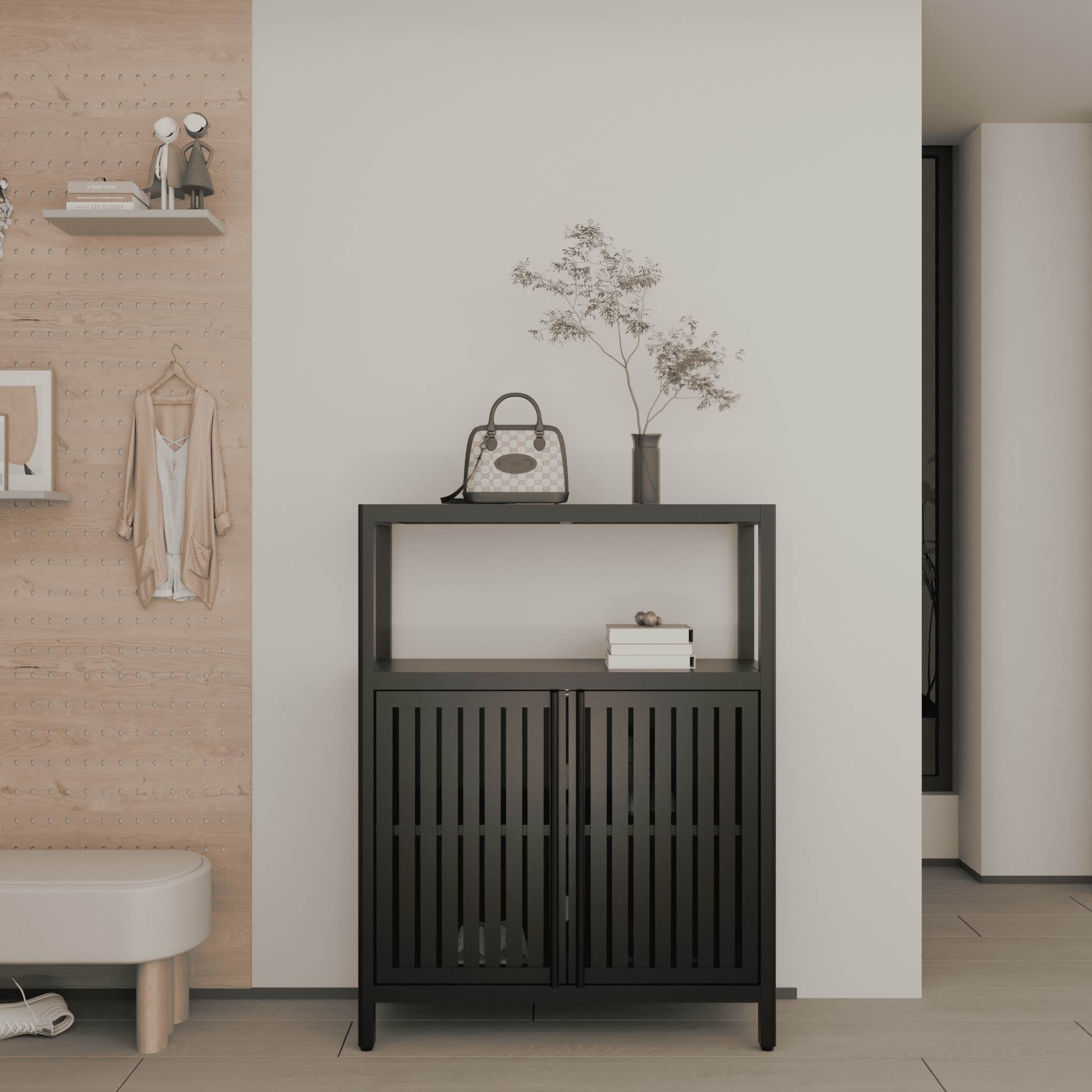 Yoneston 3-Tier Bamboo Bathroom Shelf Storage Cabinet, Freestanding Floor Cabinet with 2 Doors for Entryway, Living Room, Black