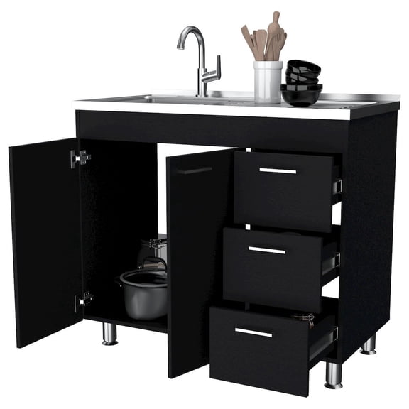 Plethoria Home 2-Door 3-Drawer Kitchen Cabinet Black