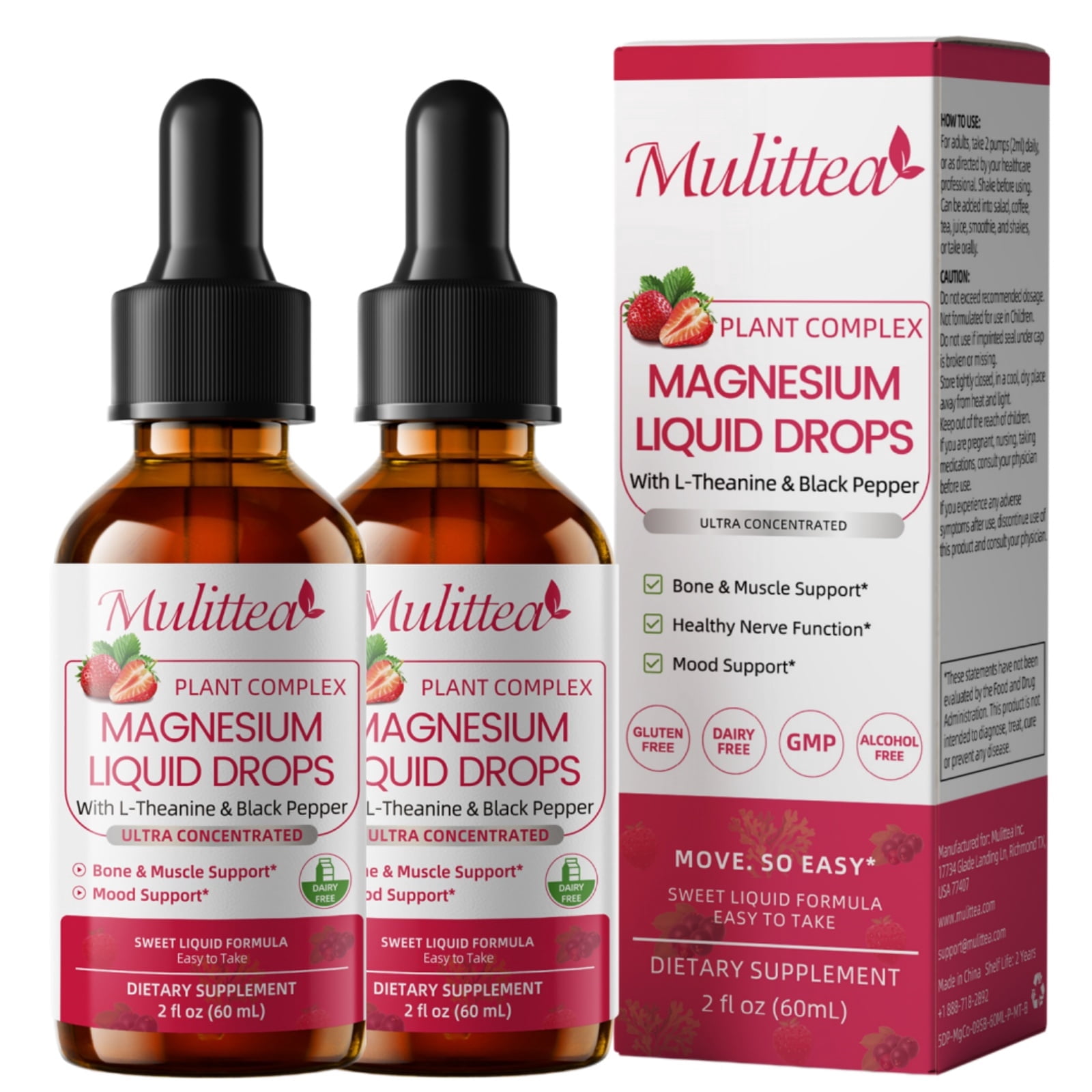 Liquid Magnesium Glycinate Drops with Magnesium Citrate & L-Theanine, Strawberry Flavor, Sugar Free, 4 fl oz (60-Day Supply)