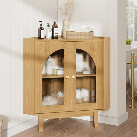 Vividwood Floor Corner Cabinet with Doors and Shelves, Fluted Storage Cabinet Freestanding Corner Cabinet for Bathroom, Kitchen, Living Room, Wood
