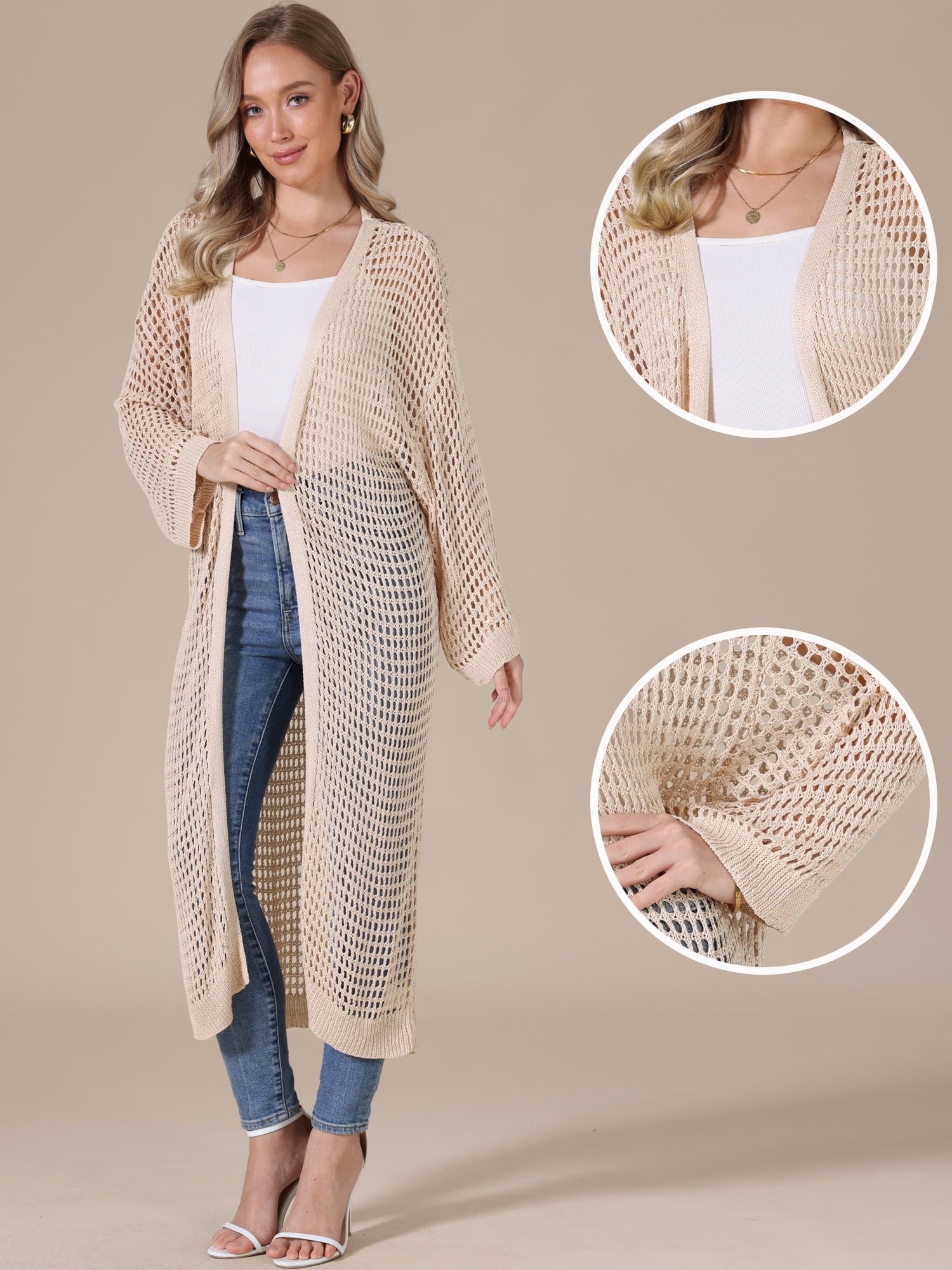 DARING DIVA Women's Long Sleeve Hollow Out Crochet Open Front Long Cardigan L Beige