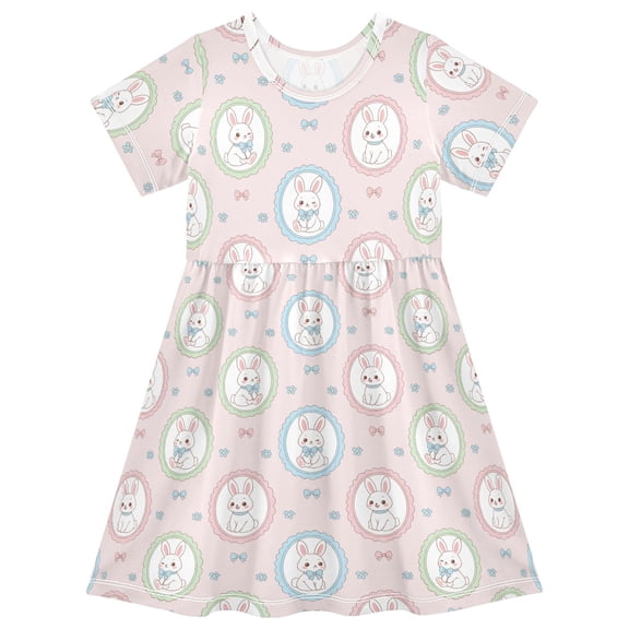 joogoo Cute Rabbit Bow Girls' Short Sleeve Dress Kids Dresses 5-6T