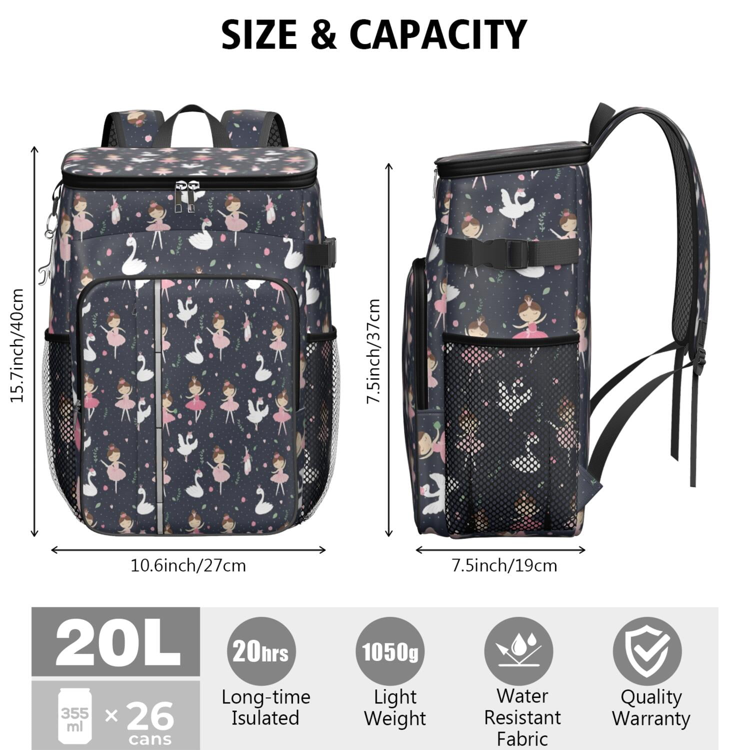 Travel Cooler Bag - Dark Blue Ballerina Princess Pattern Camping Beer Cooler Backpack with Bottle Opener- Waterproof Insulated Picnic Backpacks - Cooler Bag for Beach