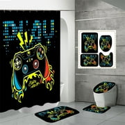 Gamer's Dream 4-Piece Shower Curtain Set - Video Game Controller Design with Matching Rugs - Perfect Bathroom Decor for Kids and Teens