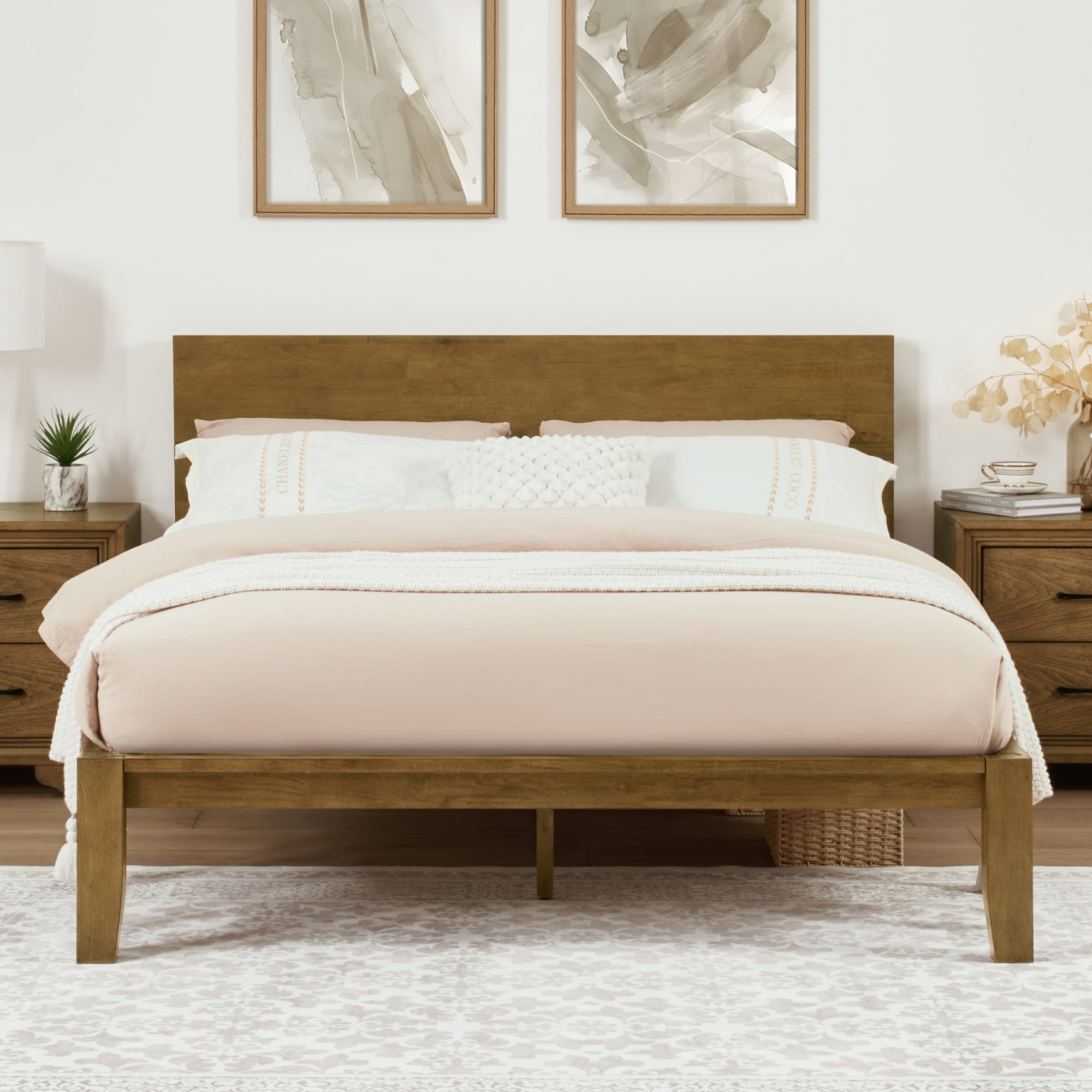 FLEXISPOT Queen Japanese Joinery Bed Frame with Headboard, Solid Rubberwood, 1200 lbs Heavy Duty, FSC & SGS Certified, No-Tool Setup, Hidden Storage, USB-A/C Port, No Box Spring Needed, Walnut