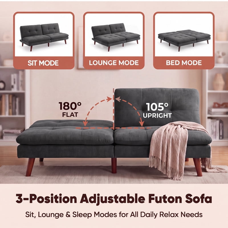 Lacoo Convertible Futon Sofa Bed, 2-Seat Adjustable Upholstered Couch, Gray