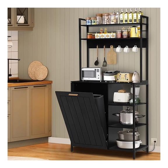 Kitchen Baker's Rack with Trash Can Bin Cabinet, 6-Tiers Microwave Stand with Power Outlet & 6 Storage Shelf Kitchen Organization, Farmhouse Coffee Bar Cabinet Bakers Rack (Black)