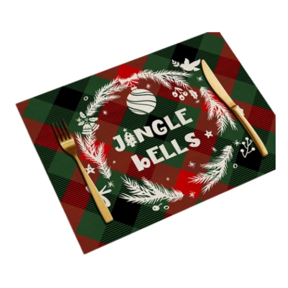 SLYNSHome Christmas Plaid Placemats With Bells Print, Heat Resistant Decorative Dining Table Mats For Holiday Winter Party Decor