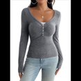 thumbnail image 1 of Camisa de Larga para Mujer, Cuello en V, Botones, Punto Acanalado, Corte Entallado, Informal, Básica, para y Otoño Flor Gris S, 1 of 9