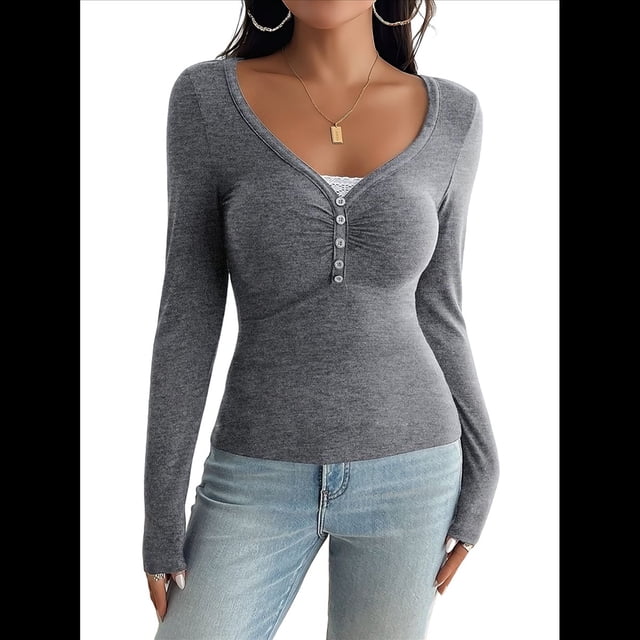 Camisa de Larga para Mujer, Cuello en V, Botones, Punto Acanalado, Corte Entallado, Informal, Básica, para y Otoño Flor Gris S