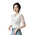 thumbnail image 1 of Camiseta de gasa Mujer Malla Puff Manga corta Top Botón Camisa con cuello de muñeca, Blanco tholdsy AP001460-01B, 1 of 7