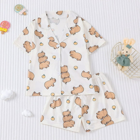 Girls Soft Short Sleeve Cardigan Printed Pajama Set Comfortable Sleepwear Outfit For Teenagers