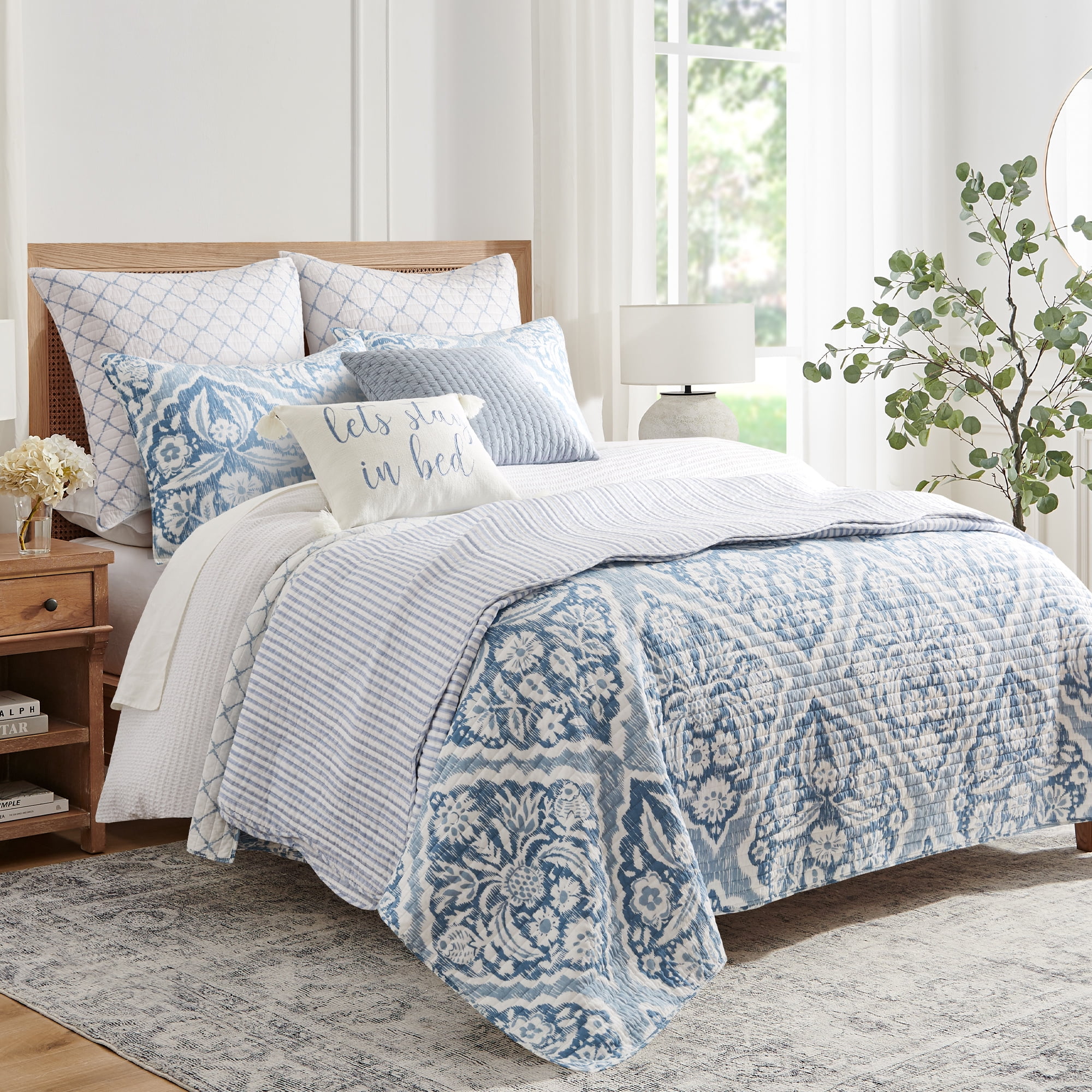 Levtex Home - Becker Blue Quilt Set - Full/Queen Quilt and Two Standard Shams - Ikat - Blue, White - Quilt (88x92in.) and Shams (20x26in.) - Reversible - Cotton