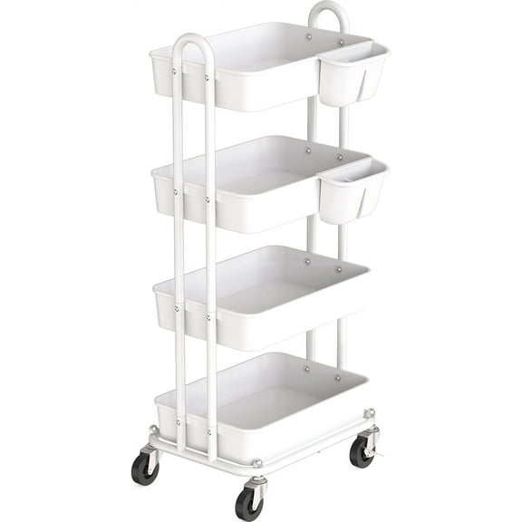 4-Tier Multifunctional Rolling Utility Cart with Hanging Buckets, White
