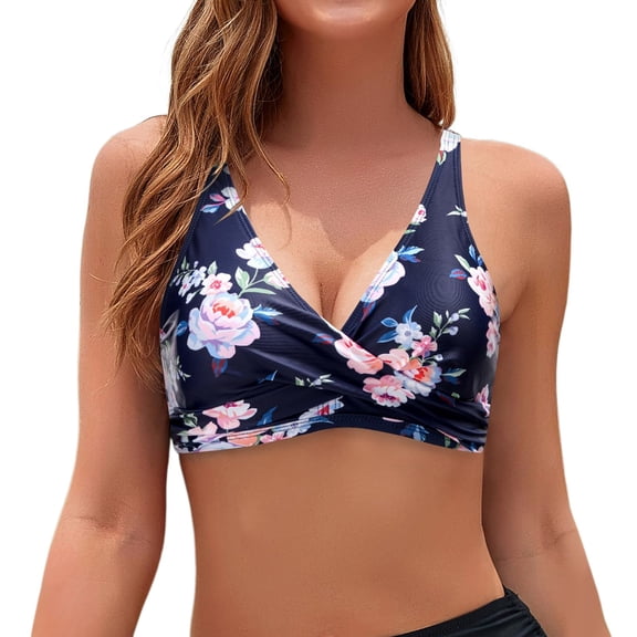 Womens Underwire Bikini Top Hawaii Print Swim Top Twist Front Crisscross Back Swimsuit 2026 Dark Blue XL