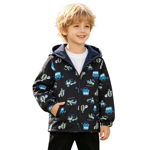 Ulitacool Boy Winter Coast Zipper Jacket Long Sleeve Windproof Cartoon Prints Hooded Outwear Toddler Classic Clothing Black