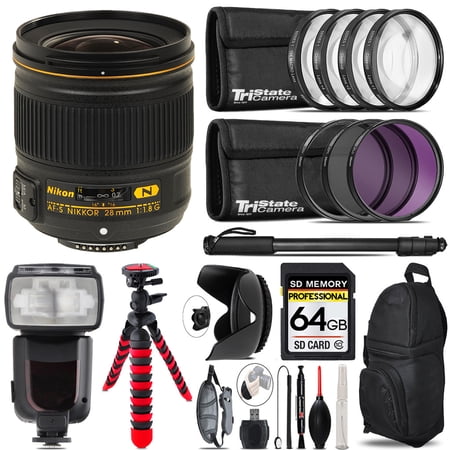 NIKON AF-S 28/1.8G LENS+ Professional Flash & More - 64GB Accessory Kit