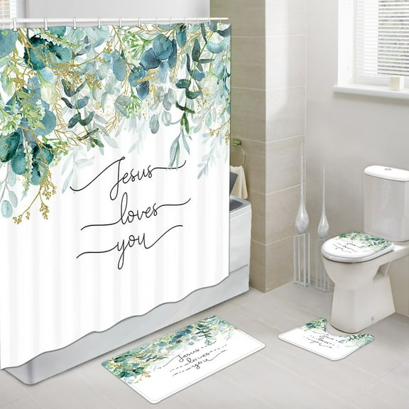 Bible Verse Botanical Shower Curtain and Bath Mat Set 69x70 Inch, Green Leaves Bathroom Mat Set with Contour Toilet Mat, Mat and Toilet Lid Cover