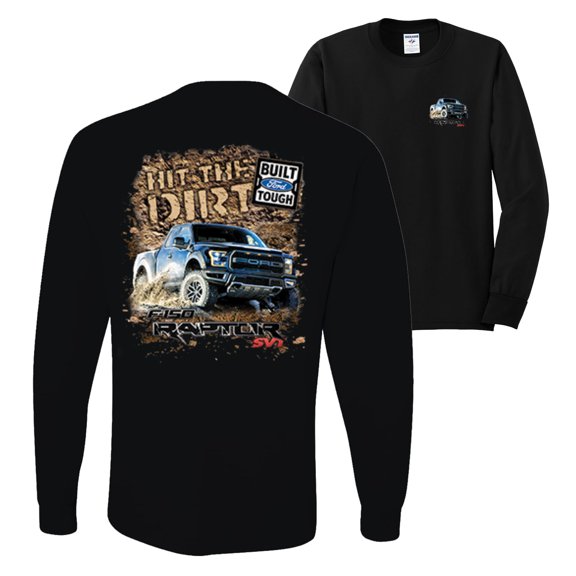 Ford F-150 Raptor Built Touch Offroading Hit the Dirt Cars and Trucks Front and Back Mens Long Sleeve Shirt, Black, Small