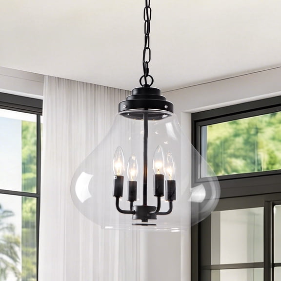 13.77" Black Glass Pendant Light, Adjustable Industrial Hanging Fixture with Clear Glass Shade for Kitchen Island Dining Room Foyer Entryway