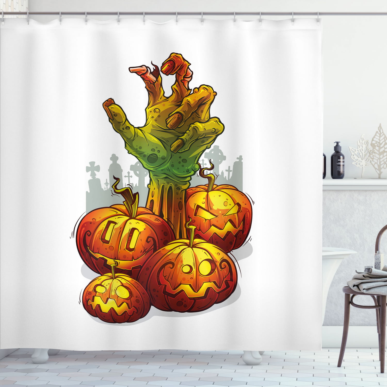 Magic Cat Pumpkin Shower Curtain Set Waterproof Fabric Halloween Bathroom Hooks 