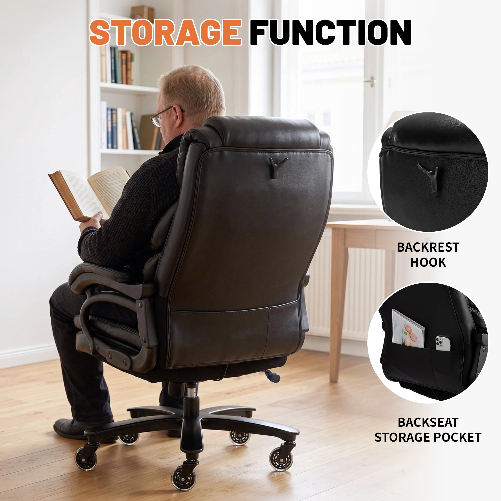 Qusaphy 800LBS Big and Tall Executive Office Chair, PU Leather Ergonomic Desk Chair with Adjustable Backrest and Thick Padded Cushion, Heavy Duty Chair for Home or Office Black