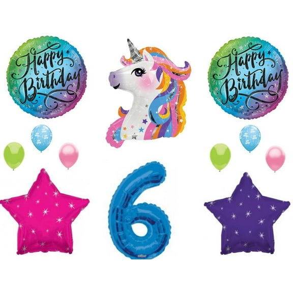 Blue 6th Neon RAINBOW UNICORN Happy Birthday Party Balloons Decoration Girl