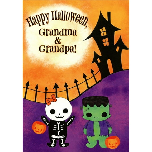Designer Greetings Cute Skeleton and Frankenstein Monster Trick-or-Treaters Juvenile Halloween Card for Grandma and Grandpa