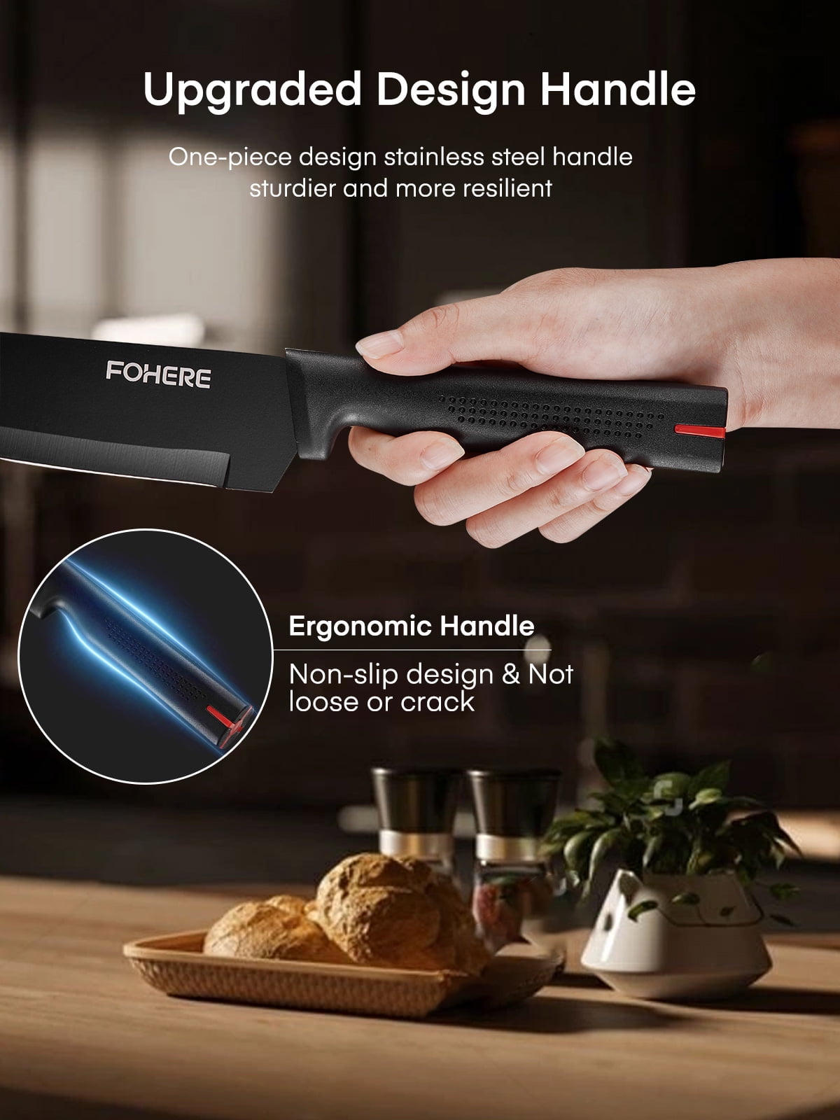 FOHERE 13 Pieces Knife Set with Block, Stainless Steel Knive Sets for Kitchen with Built-in Sharpener Sharp Granite Kitchen Knife Block Set with Anti-slip Handle Rust Resistant, Black