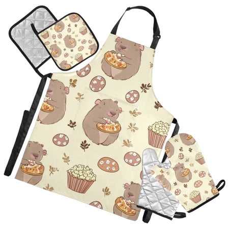 Cute Bears with Snacks Oven Mitts and Pot Holders with Chef Apron Set 5 Pcs Kitchen Cooking Set