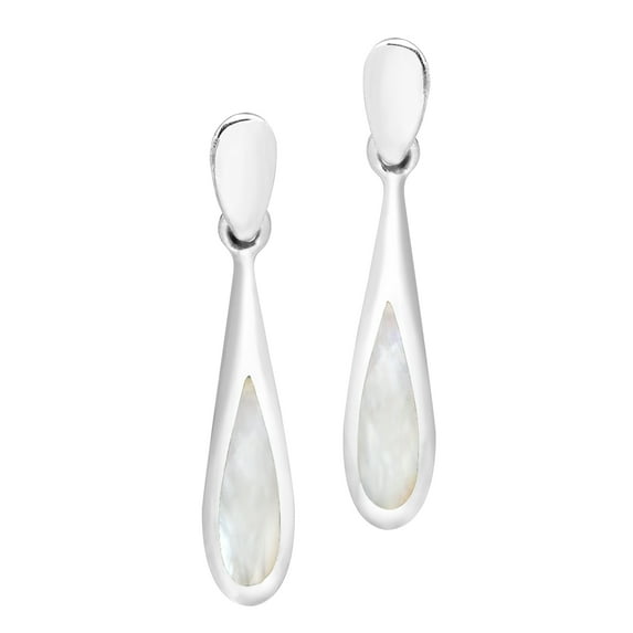 Elegantly Long Sterling Silver Teardrop w/ Inlaid White MOP Dangle Earrings