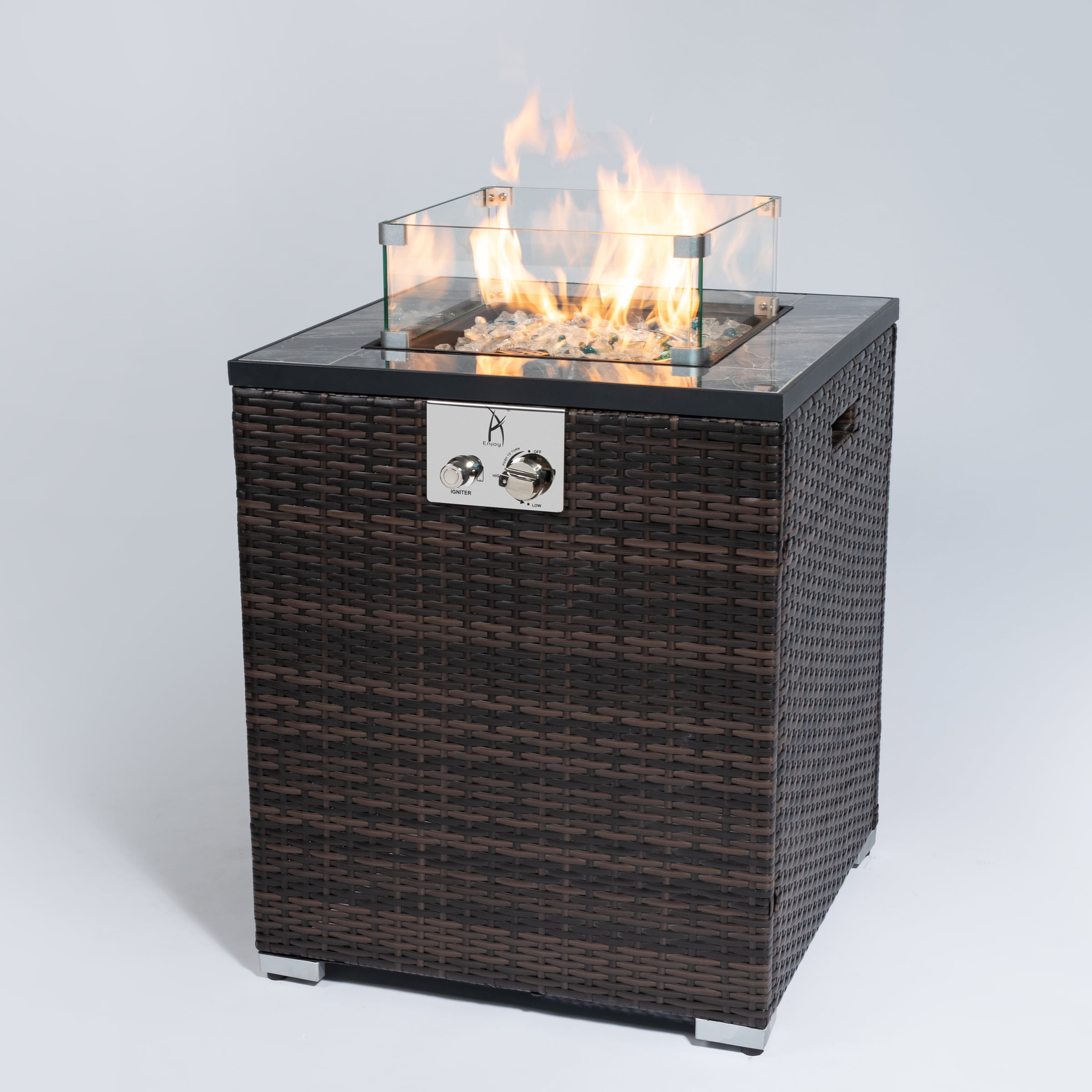 Lisonu 24-inch Propane Fire Pit Table, 50,000 BTU Square Outdoor Gas Fire Column with Ceramic Tile Top & Wicker Base, Includes Wind Guard & Cover for Patio Garden, ETL Certified - Espresso