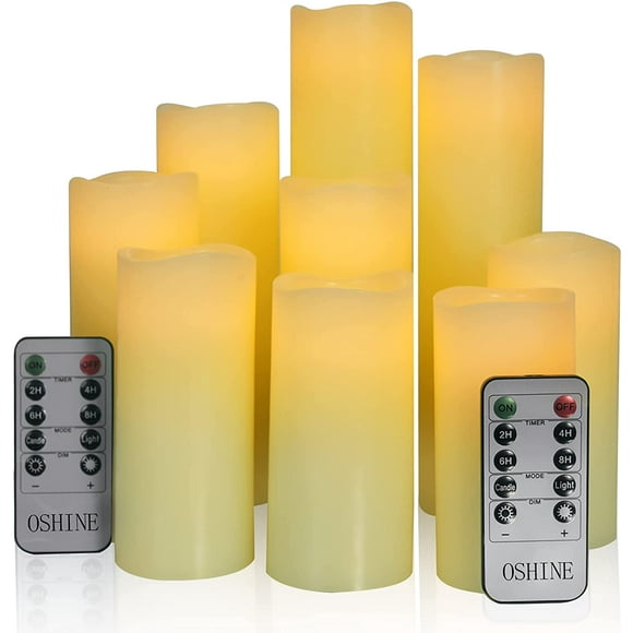OSHINE Flameless Candles 9-Pack LED Pillar Candles Battery Operated Candles Electric Ivory Candles Real Wax Flicker Lights Votive Timing With Remote 300+ Hours
