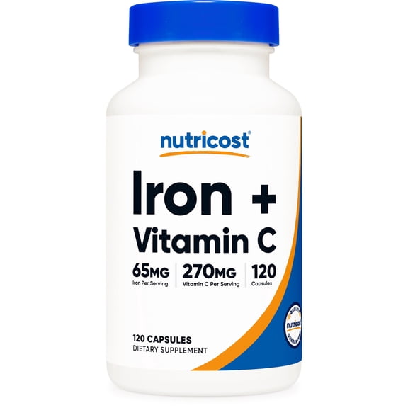 Nutricost Iron (65mg) with Vitamin C (270mg) 120 Capsules - Vegan, GMO-Free