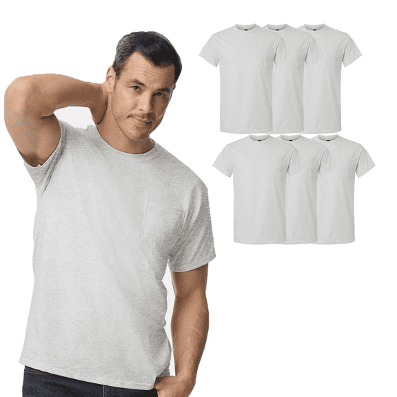 Gildan Ultra Cotton Pocket Short Sleeve Crewneck T-Shirt, Ash, Pack of 6, S