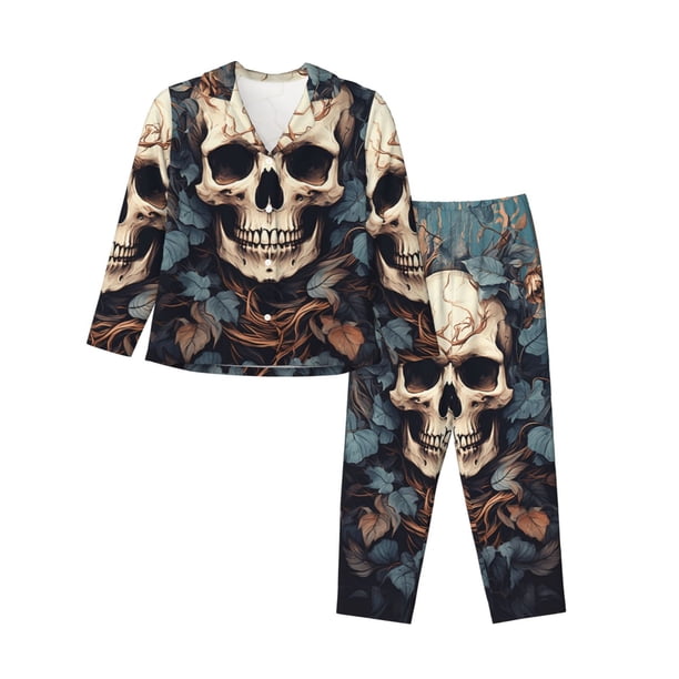Fotbe Vintage Leaf Flower Skull Conjunto de Pijama de Manga Larga para Mujer con Estampado, Ropa de Dormir de 2 Piezas, Conjunto de Casa Suave y Cómodo con Bolsillos-XX-Large