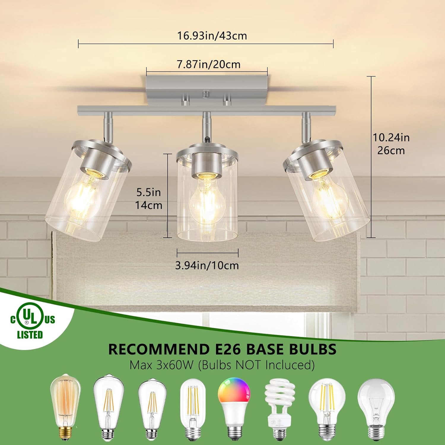 3-Light Track Lighting Brushed Nickel Semi Flush Mount Ceiling Light with Clear Glass Shades Multi-Directional Track Spotlights for Kitchen Hallway Bathroom, Bulb Not Included