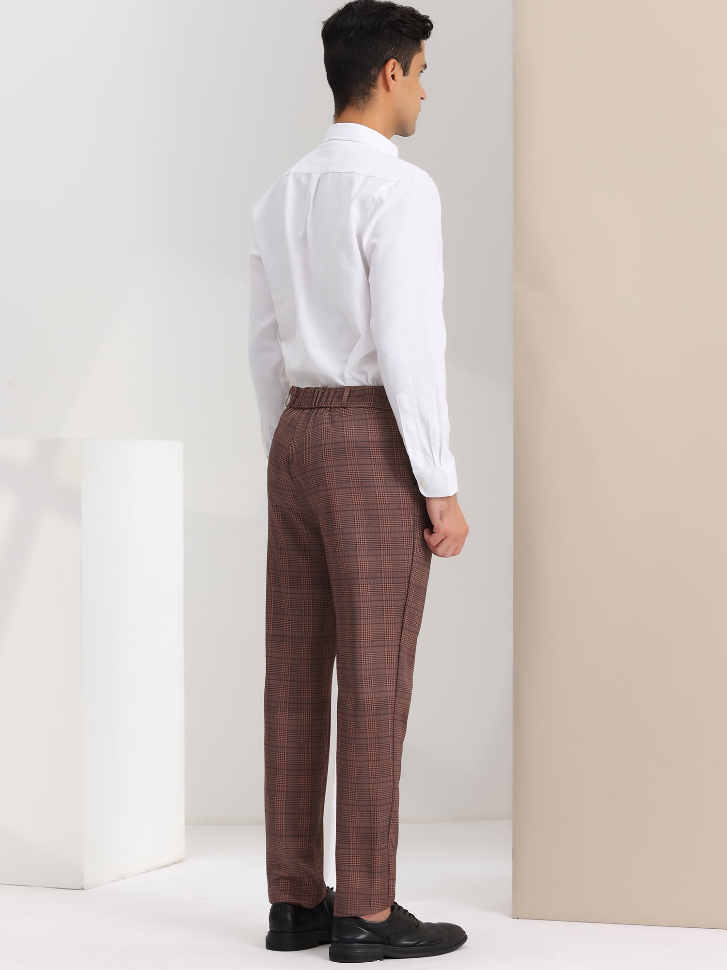 Unique Bargains Men's Checked Prom Trousers Regular Fit Formal Plaid Suit Pants 32 Brown